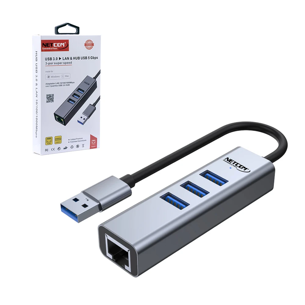 Adaptador USB LAN Gigabit y HUB USB 3.0 Netcom PE-TA0145 USB 3.0 a Hub USB + Rj45 Lan Ethernet Gigabit Netcom PE-TA0145, Cable Adaptador USB LAN Rj45 con 3 Puertos USB 3.0