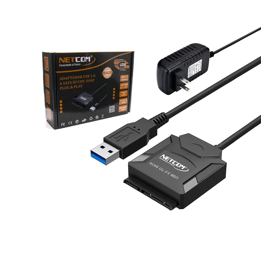 Adaptador USB a Sata III con fuente 12v 2a Netcom PE-TA0130 Adaptador USB 3.0 a SATA III con UASP para HDD y SSD de 2.5"  3.5" hasta 8TB Netcom PE-TA0130