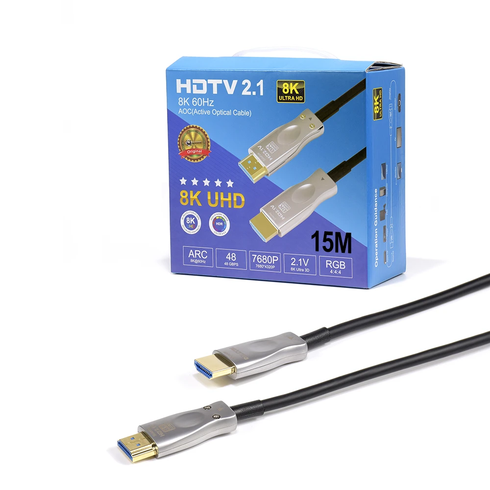 Cable HDMI de 15 MT  V2.1 AOC -  8K  Delcom DAOC015 Cable HDMI 8K | Conector GoldPlate | AOC Fibra Optica | V2.1, Cable HDMI Fibra óptica de 8K 60Hz HDMI 2.1