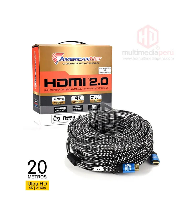 Cable HDMI de 20Mt con Booster Amplificador v2.0 4K Ultra HD - American NET GP090-20M