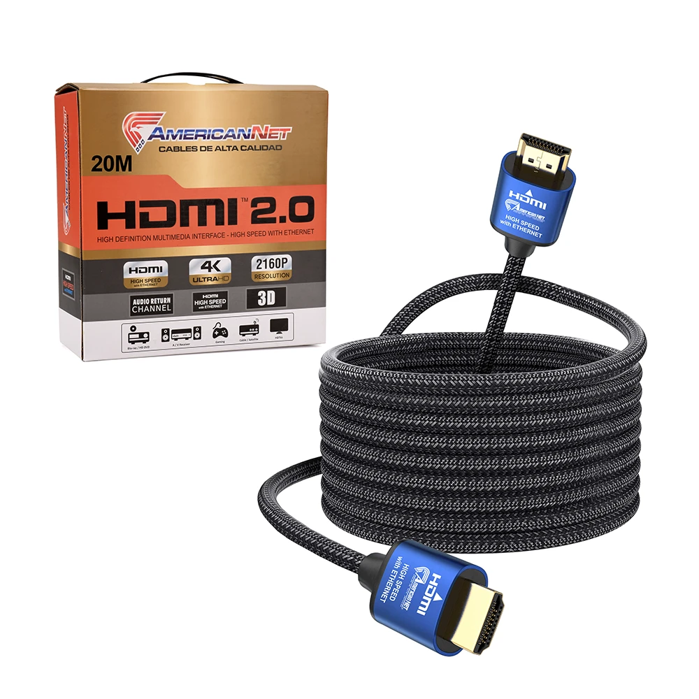 Cable HDMI de 20Mt con Booster Amplificador v2.0 4K Ultra HD - American NET GP090-20M Cable HDMI de 20 metros con malla - Cabeza Azul - V2.0 Amplificado con Chipset - American NET