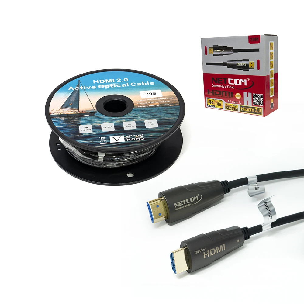 Cable HDMI de 30M en Fibra Óptica v2 4K Netcom PE-CB0847 Cable HDMI 30MT con Fibra Óptica Activa Ultra HD V2.0 4K@60HZ Netcom PE-CB0847