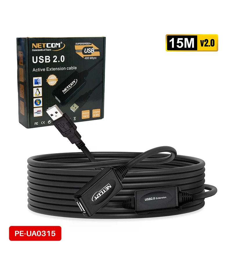 Cable Extensión USB 2.0 de 15 Metros con Booster Amplificador Netcom PE-UA0315 Extensión USB de 15M Amplificado
