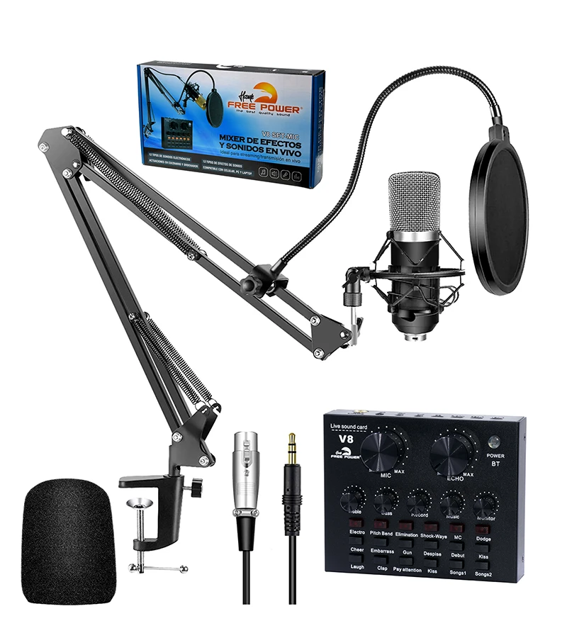 Micrófono Profesional con Mixer - Hawk Free Power V8-SET-MIC Set de Micrófono Condensador Profesional con Efectos y Sonidos en Vivo - V8-SET-MIC Hawk Free Power