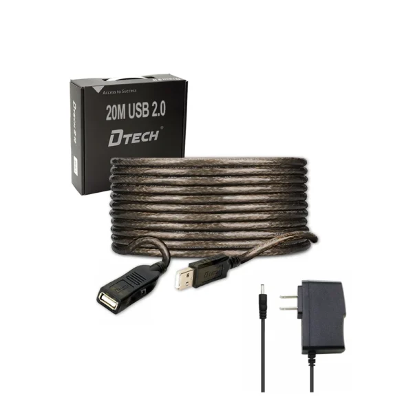 Extensión USB de 20M Activo Dtech DT-5042 Cable Extensión USB 2.0 de 20 Metros con Booster Amplificador Dtech GP-DT5042 con Adaptador de Voltaje de 5V1A
