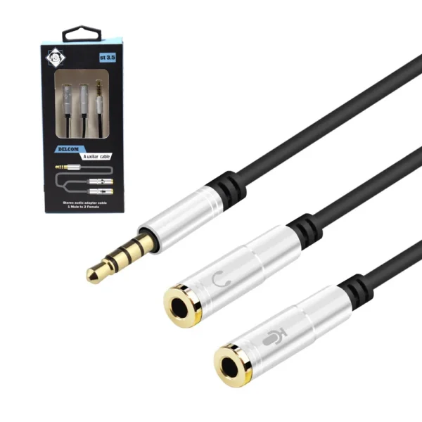 Cable Adaptador Bifucador de Audio y Micrófono - Delcom DCAU-020 Cable Divisor de Audio y Micrófono a Mini Plug Macho de 3.5mm - Delcom